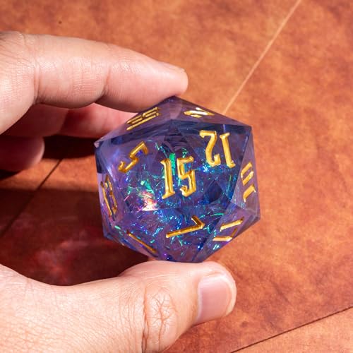 Cusdie Single D20 DND Dice with Sharp Edges and Glitter Foil Inclusions, 20 Sided D&D Dice, 33mm Handcrafted Polyhedral Dice, for Role Playing Game (Purple with White Swirl) - color: Purple With White Swirl