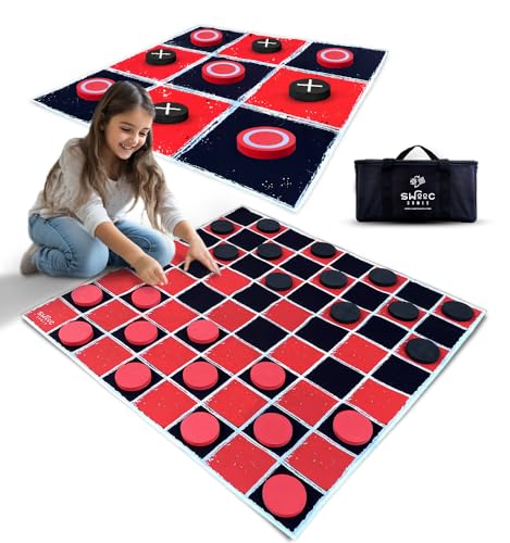 Swooc Games® - 2-in-1 Vintage Giant Checkers & Tic Tac Toe Game W/Mat (3ft x 3ft) - 100% Machine-Washable Canvas - Giant Outdoor Games for Kids - Yard Game for Kids - Jumbo Lawn Set - Large Checkers - size: 3ft x 3ft