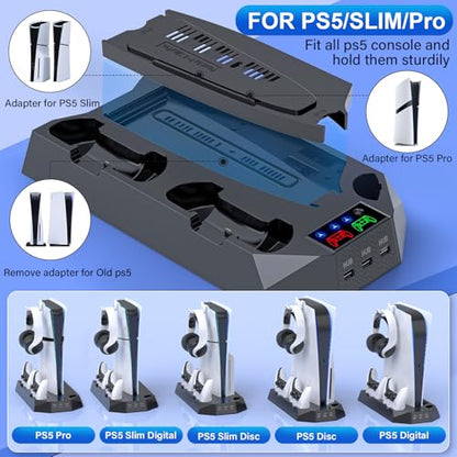 PS5/Slim/Pro Cooling Station for Playstation 5 Console Disc/Digital Edition - PS5 Slim Pro Cooling Stand with Controller Charging Station Accessories-Cooler Fan/Headset Holder/3 USB Hub, Black - color: 2-Black
