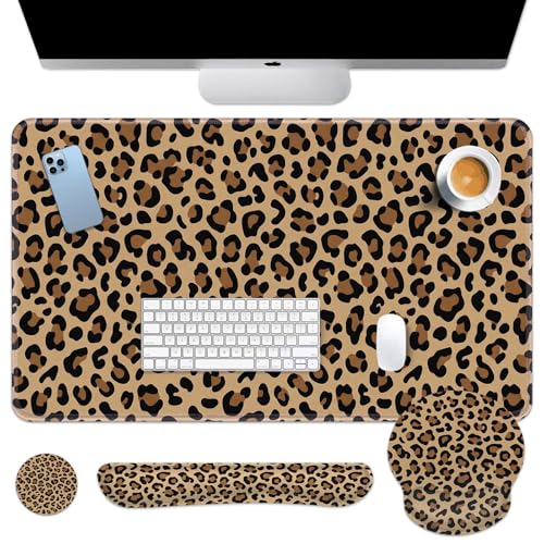 Arttown Keyboard Mouse Pad Set, 4 in 1 Desk Mat Set Leopard Cheetah | Animal Brown Black Large Mousepad+Keyboard Wrist Rest+Mouse Wrist Rest+Coaster Ergonomic Design for Home Office Computer - color: Leopard Print 1