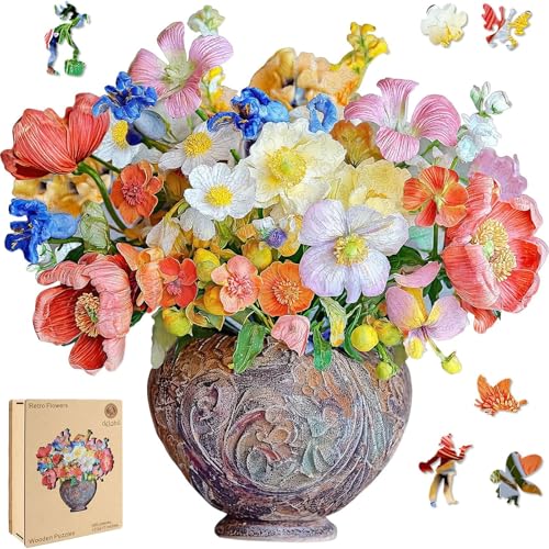 Delobil Flower Wooden Puzzles for Adults, 500 Pieces Vase Jigsaw Puzzles, Unique Shaped Wood Puzzle Birthday Gift for Mom Adults and Kids, Family Game 17.5'' x 17'' - color: Retro Flowers, size: 500Pcs