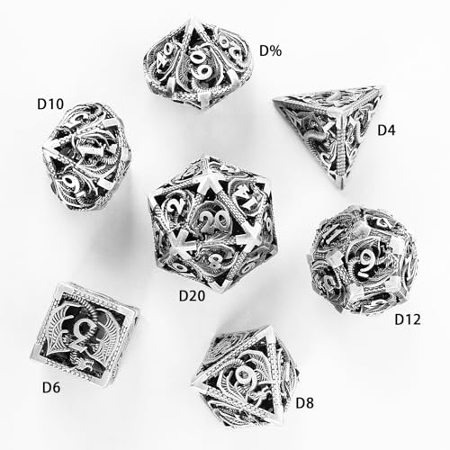 7PCS DND Dice Set, Premium Hollow Metal Polyhedral Dice with Treasure Chest & Dice Bag, Gift for Men & Women, Dungeons and Dragons, TTRPG RPG Tabletop Games(Antique Silver) - color: Antique-silver