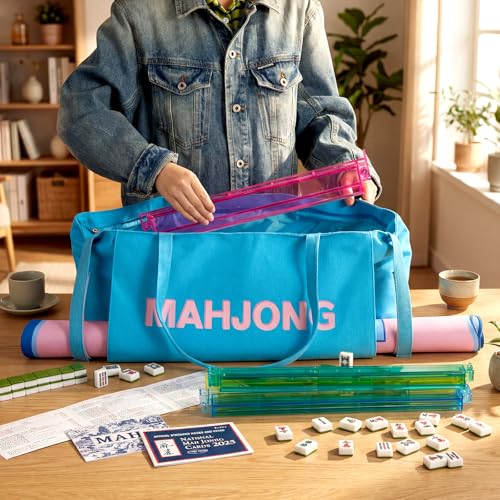 Abbylike 28x9 Inches Mahjong Bag for Rolled Mat Tiles Racks Pushers Accessories Empty Mahjong Tote Bag with Zipper Closure Outer Pockets Lining Large Capacity(Blue,Canvas) - color: Blue