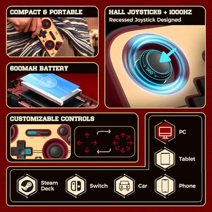 IINE Retro Pocket Game Controller, Wireless Gamepad for Switch/Steam Deck/PC/iOS/Android | Mini Portable Controller with Hall Joystick, 1000Hz Response Rate, Customizable Buttons, 600mAh Battery - color: retro red