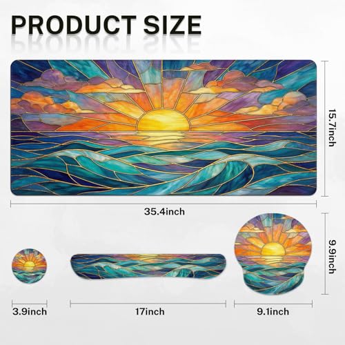 Britimes Gold Sun Ocean Keyboard Mouse Pad Set Boho Colorful 4in1 Large Mousepad+Keyboard Wrist Rest+Mouse Wrist Rest+Coaster Ergonomic Design for Home Office Computer 35.4x15.7 inches - color: Gold Sunset Ocean