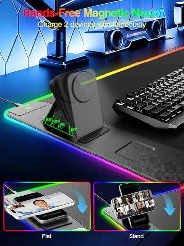 Wireless Charging Mouse Pad with Magnetic Phone Stand, 31.5"x15.8" Large | Gaming Mousepad RGB Desk Mat, Smooth Glide, Stitched Edge, Non-Slip Rubber Base, Waterproof Keyboard Mat, with Adatper - color: RGB-Mag Stand-Adatper