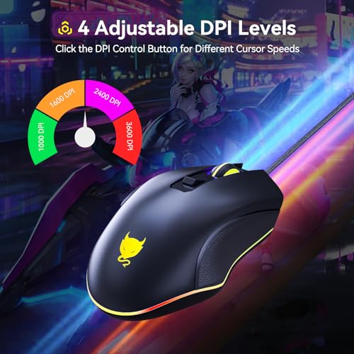 GM300 Wired Gaming Mouse for PS4, Xbox One, PC Computer & Laptop, Games & Work, Side Buttons & LED Backlit Lights - Black