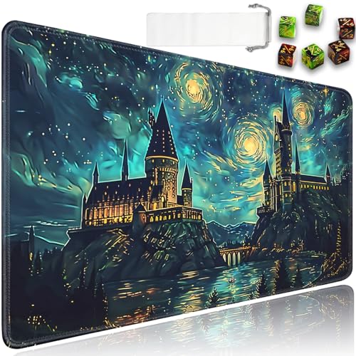for MTG Playmat + Drawstring Travel Pouch + 6 Dice Counter, for Tabletop Trading Card Game Playmats or Mouse Pad, Anti-Slip Rubber 24 x 14 in, Starry Night Castle for TCG Playmat (No with Zone) - color: JV-Playmat-6-1-I246