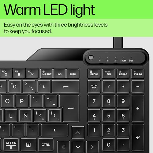 HP 400 Backlit Wired Keyboard (Ash Wired) - Warm White LED Illuminated Keys w/ 3 Brightness Levels - Slim & Portable Design - 12 Programmable Keys - Spill-Resistant, Sanitizable