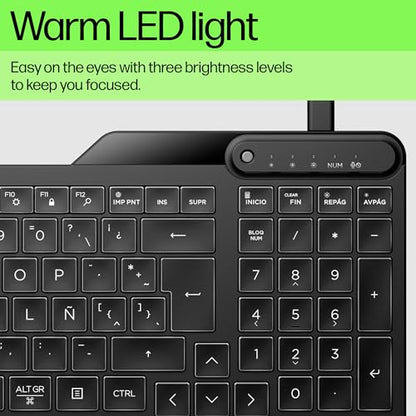HP 400 Backlit Wired Keyboard (Ash Wired) - Warm White LED Illuminated Keys w/ 3 Brightness Levels - Slim & Portable Design - 12 Programmable Keys - Spill-Resistant, Sanitizable