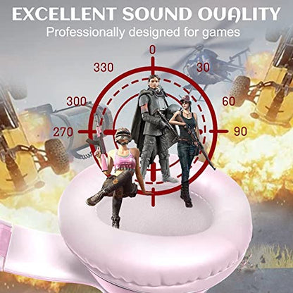 Cat Ear Gaming Headphones Wired AUX 3.5mm with LED Light, VIGROS Flashing Stereo Game Headphones Surround Sound Over-Ear Headsets with Microphone Fit Kids & Adult for PC, PS4, Switch, Mobile, Laptop - color: Pink