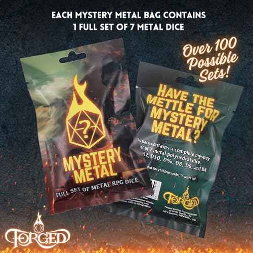 Forged Dice Co. Mystery Metal Dice Bag DND Dice Set Blind Surprise Bag - Contains 1 Complete Set of 7 Metal Dice D4, D6, D8, D10, D12, D20, D% for RPG Board Game and DND Accessories - size: 20mm (Pack of 1)