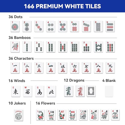 American Mahjong Tile Set, American Mahjong Set Complete with Bag, 166 White Tiles with Bag and Accessories, 4 All-in-One Mahjong Racks with Pushers, Travel Vita Mahjong Tile Game Set