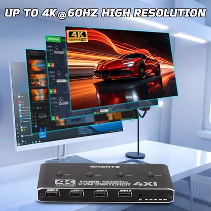 4 Port KVM Switch HDMI 1 Monitors 4 Computers - 4K@60Hz KVM Switcher with USB 2.0, 1 Keyboard 4 Computers Switch Box for Desktop, Mini PC, Laptop, Linux - with 4 HDMI Cables & USB Cables