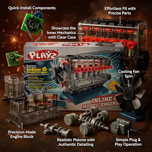 Playz Working Inline 6 Engine Model Kit - Build Your Own Mini Engine kit | that runs for Adults and Kids 8+ Large Engine Building Blocks STEM Engineering kit, Visible Real Engine model Kit that Works - style: Inline 6