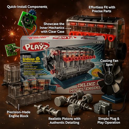 Playz Working Inline 6 Engine Model Kit - Build Your Own Mini Engine kit | that runs for Adults and Kids 8+ Large Engine Building Blocks STEM Engineering kit, Visible Real Engine model Kit that Works - style: Inline 6