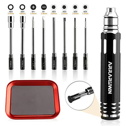 10 in 1 RC Model Repair Tools Kit with 1.5/2.0/2.5/3.0/4.0/5.5mm Hex Bits | Screwdrivers Wrench Phillips & Slotted Screwdriver Set, Metal Tray for RC Cars Helicopter Drone Boat - color: Black With Red Tray