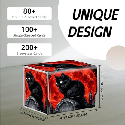 Trading Card Storage Box, Premium PU Leather with Magnetic Closure, Holds 100+ for MTG Cards, Black Cat & Red Moon Durable Deck Box for Magic the Gathering, Trading Card Games - color: Black Cat & Red Moon