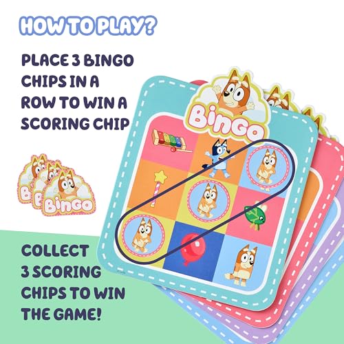 Bluey Bingo’s Bingo Card Game, Kids Image Matching Card Game with 40 Cards, 48 Chips and 12 Scoring Chips, Interactive Fun Games for Kids of Ages 3+