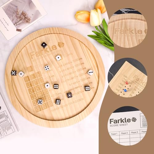 Farkle Dice Tray,Farkle Classic Dice Game with Tray The Classic Family Game | 2 Sets of 6 Pearl Dice,2 Sets of 6''Wooden Scoreboard, 12 Scoring Sticks,1 Instruction Manual, 50 PCS Score Sheets