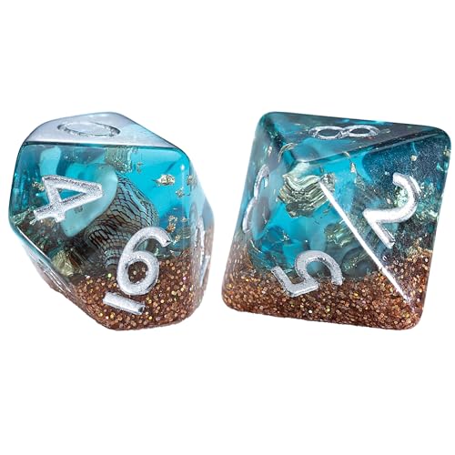 Gate Keeper Games and Dice: Inclusion Dice: Biome - Deep Sea - 7pc Set, Aquatic Blue, Sand & Conch Shell Inclusion, 7 Resin Dice for Role Playing Games