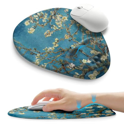 Palm-Rest and Wrist-Hugging Mouse Pad Wrist Rest, Ergonomic Wrist Support with Curve Fitting Cushioned Memory Foam for Carpal Tunnel Pain Relief, 9.9 x 8.3 Inch, Van Gogh Apricot Blossom - color: Van Gogh Apricot Blossom