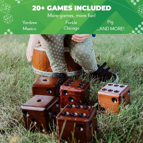 Swooc Games - Yardzee, Farkle & 20+ Giant Dice Games (All Weather) Yard Dice with Wooden Bucket, 5 Scorecards & Marker - Jumbo Dice Yard Game - Extra Large Yard Game for Adults - Jumbo Lawn Fun - size: 3.5" Dice