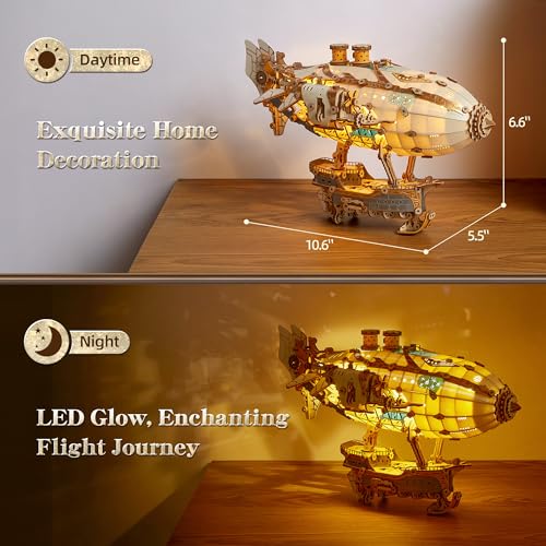FUNPOLA LED 3D Wood Puzzle Fantasy Airship Model - Steampunk DIY Craft Kit with LED Lights – Intricate Wooden Airship Model Building Set for Adults(White) - color: White