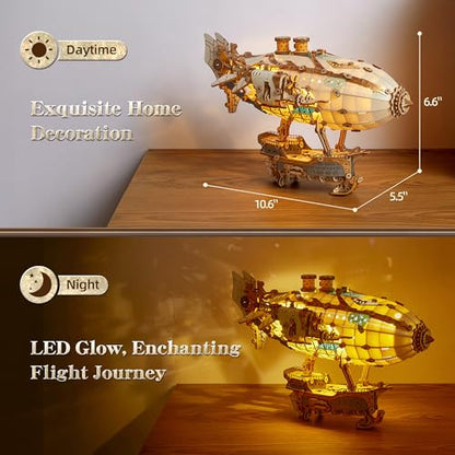 FUNPOLA LED 3D Wood Puzzle Fantasy Airship Model - Steampunk DIY Craft Kit with LED Lights – Intricate Wooden Airship Model Building Set for Adults(White) - color: White