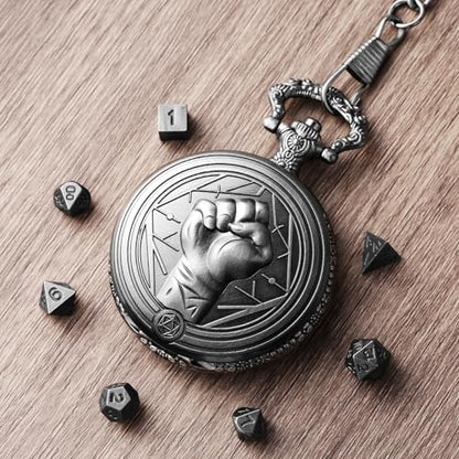 Mini DND Dice Set with Steampunk Monk (Fist) Pocket Watch Case, Tiny 7PCS Polyhedral Metal D&D Dice, DND Gifts with Gift Box, Role Playing Game Board Game Accessories Dice, Dark Silver - color: Dark Silver
