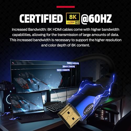 Monster 8K HDMI Cable 4 FT, Ultra High Speed 48 Gbps HDMI Cable, 60/120Hz, Dynamic HDR, eARC, 24K Gold Contacts, V-Grip, for Xbox Series X, PlayStation 5, TV, Monitor