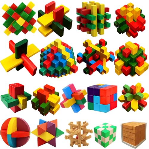 18 Pack Large Wooden Brain Teaser Puzzles Wooden Burr Puzzles Brain Teaser Puzzle with Gift Packing Box Magic Puzzle Games Toys Stocking Stuffers Party Favors for Kids and Adults (Colorful Wood) - style: Colorful Wood