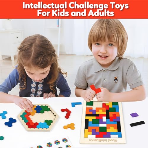 Wooden Puzzles,Geometric Shape Logic Hexagon Puzzle Toys Brain Teasers STEM Montessori Educatioanl IQ Board Games Easter Basket Stuffers Gift for Kids Boys Girls Ages 3+ (4 Pack) - style: Puzzle set-4pcs