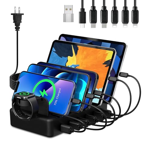 Charging Station for Multiple Devices, CREATIVE DESIGN 50W 6 Ports USB Charger Station with Apple Watch Holder & 6 Cables, Charging Dock for iPad Cellphone Kindle Tablet and Other Electronic (Black) - color: Black