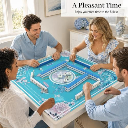 Blue Mahjong Mat for Table, American Mahjong Mat with Rules, 31.5''x31.5'' | Non-Slip & Noise Reduction Mah Jongg Gift with Carrying Bag for Poker, Board Games, Dominoes, Cards & Tile Games - color: Lake Blue