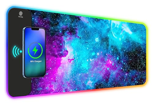 ToLuLu RGB Gaming Wireless Charging Mouse Pad, 5/7.5/10/15W 10 Light Modes | LED Mouse Pad Computer Keyboard Mat Mousepad, 800x300x4MM Extended Large Desk Mat for Gaming, MacBook, Laptop, PC, Galaxy - color: Galaxy Nebula