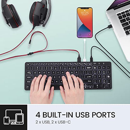Perixx PERIBOARD-215B US, Wired Keyboard - Ultra Slim Scissor Keys - 2 Built-in USB-A & USB-C Ports - Detachable Cable - Black - US English - style: Wired with 4 Hubs