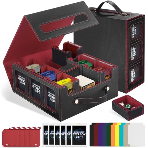 Commander Deck Box with Handle, Trading Card Storage Box for MTG&TCG.7 in 1 MTG Deck Box with 6 Toploaders, 6 Stoppers, 10 Colorful Dividers.(Black& Red, 7 IN 1) - color: Black& Red