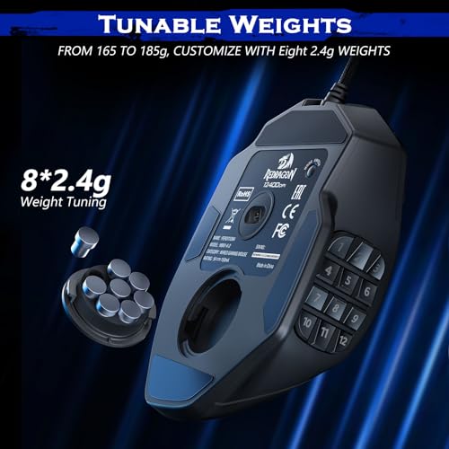 Redragon Gaming Mouse, MMO Mouse Gaming UP 12400 DPI, 19 Macro Programmable Buttons, RGB Mouse with 12 Side Buttons, 8 * 2.4g Weight Tuning for PC Laptop MOBA FPS, M901K, Black - color: Black-k