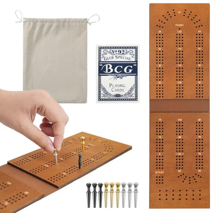 Cribbage Board Game Set with Storage – Portable Folding Travel Board, Includes 9 Metal Pegs & Full Deck of Cards, for 2-3 Players – Fun Family Game Night Activity & Great Gift Idea