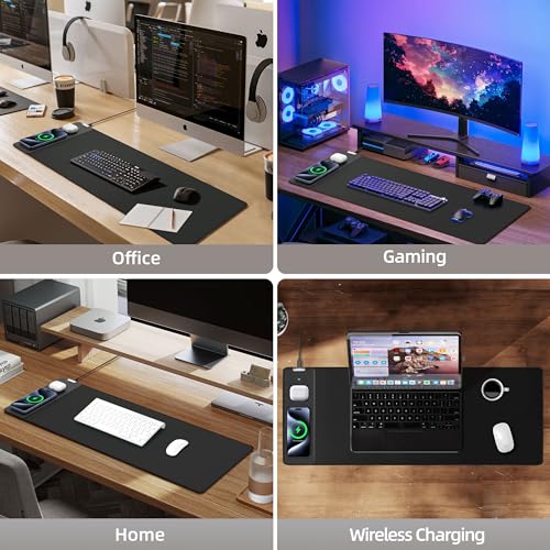 Mouse Pad with Wireless Charging, Large Desk Mat for Gaming, 31.5"x11.8" | Ultra-Smooth Surface, Non-Slip Rubber Base, Waterproof Computer Keyboard Pad for Gamer, Desk, Office, PC, Laptop, Black - color: Black - 31.5"x11.8"
