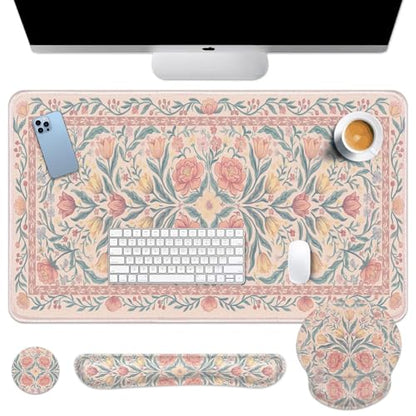 Britimes Pink Floral Keyboard Mouse Pad Set Retro 4in1 Large Mousepad+Keyboard Wrist Rest+Mouse Wrist Rest+Coaster Ergonomic Design for Home Office Computer 35.4x15.7 inches - color: Colorful Wildflowers