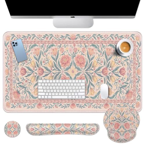 Britimes Pink Floral Keyboard Mouse Pad Set Retro 4in1 Large Mousepad+Keyboard Wrist Rest+Mouse Wrist Rest+Coaster Ergonomic Design for Home Office Computer 35.4x15.7 inches - color: Colorful Wildflowers