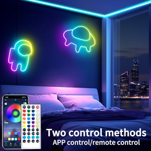 65.6FT Neon Rope Light,IP65 Waterproof RGB LED Strip Lights,Neon LED Lights with 40 Key Remote and APP Control for DIY Design,Multiple Modes for Bedroom,Holiday Decor（with Snap &Screws） | Neon LED Lights with 40 Key Remote and APP Control for DIY Design,M