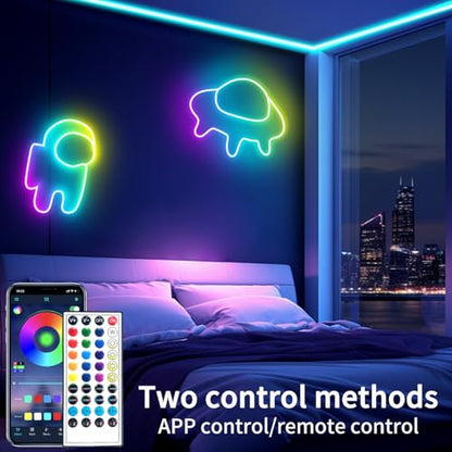 65.6FT Neon Rope Light,IP65 Waterproof RGB LED Strip Lights,Neon LED Lights with 40 Key Remote and APP Control for DIY Design,Multiple Modes for Bedroom,Holiday Decor（with Snap &Screws） | Neon LED Lights with 40 Key Remote and APP Control for DIY Design,M