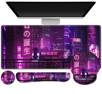 Gaming Mouse Pad, Large Desk Mat, Cute Desk Pad, 4in1 XXL Mousepad + Keyboard Wrist Rest+Mouse Wrist Rest+Coaster Set with Ergonomic Desk Pad for Home Office Table Computer, Purple Anime Neon - color: Purple Anime Neon