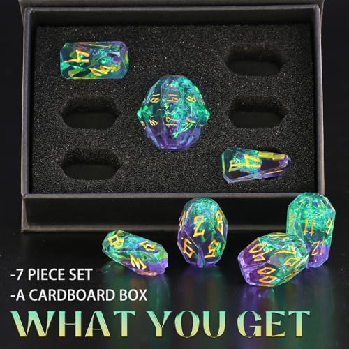 FONVGOGO Resin Dice Set, Dungeons and Dragons DND Dice with Box Polyhedral D and D Dice Set 7-Piece Role Playing Game RPG（Green and Gold） - color: S Green and Gold