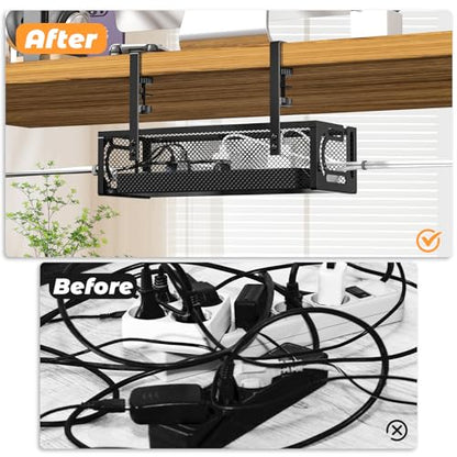 Under Desk Cable Management Tray, 15.7'' No Drill Steel Desk Cable Organizers, Wire Management Tray Cable Management Rack (2 Packs-Black) - color: 2 Packs-15.7"-Black