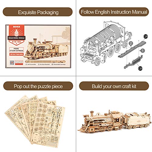 ROKR 3D Wooden Puzzle for Adults-Mechanical Train Model Kits-Brain Teaser Puzzles-Vehicle Building Kits-Unique Gift for Teens on Birthday/Christmas Day(1:80 Scale)(MC501-Prime Steam Express)