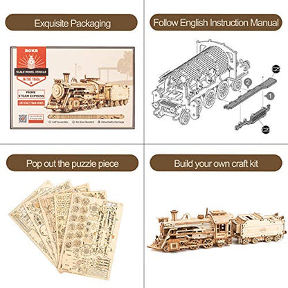 ROKR 3D Wooden Puzzle for Adults-Mechanical Train Model Kits-Brain Teaser Puzzles-Vehicle Building Kits-Unique Gift for Teens on Birthday/Christmas Day(1:80 Scale)(MC501-Prime Steam Express)